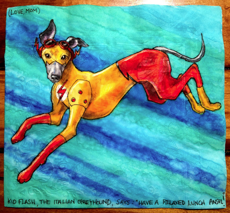 Illustration for article titled Artist draws superpowered canines on her sons' lunch napkins